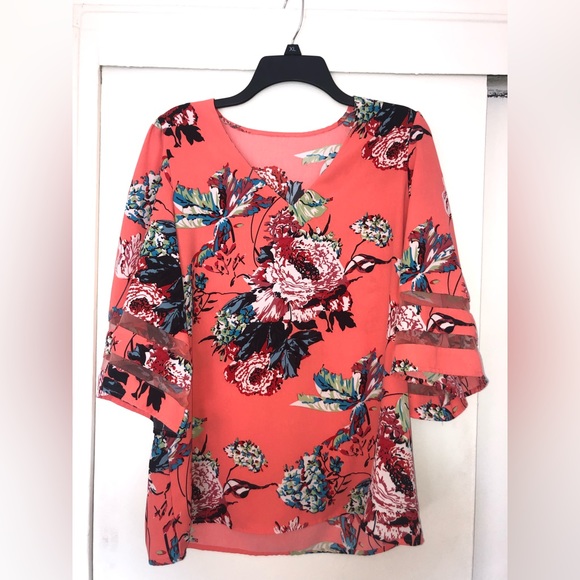Floral Salmon V Neck Blouse with Bell Sleeves - Picture 2 of 6